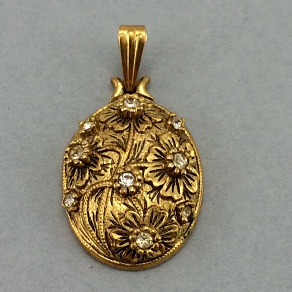 D'Orlan Jewelry - D'Orlan Oval Flower and Rhinestone Pendant Charm Goldtone Metal